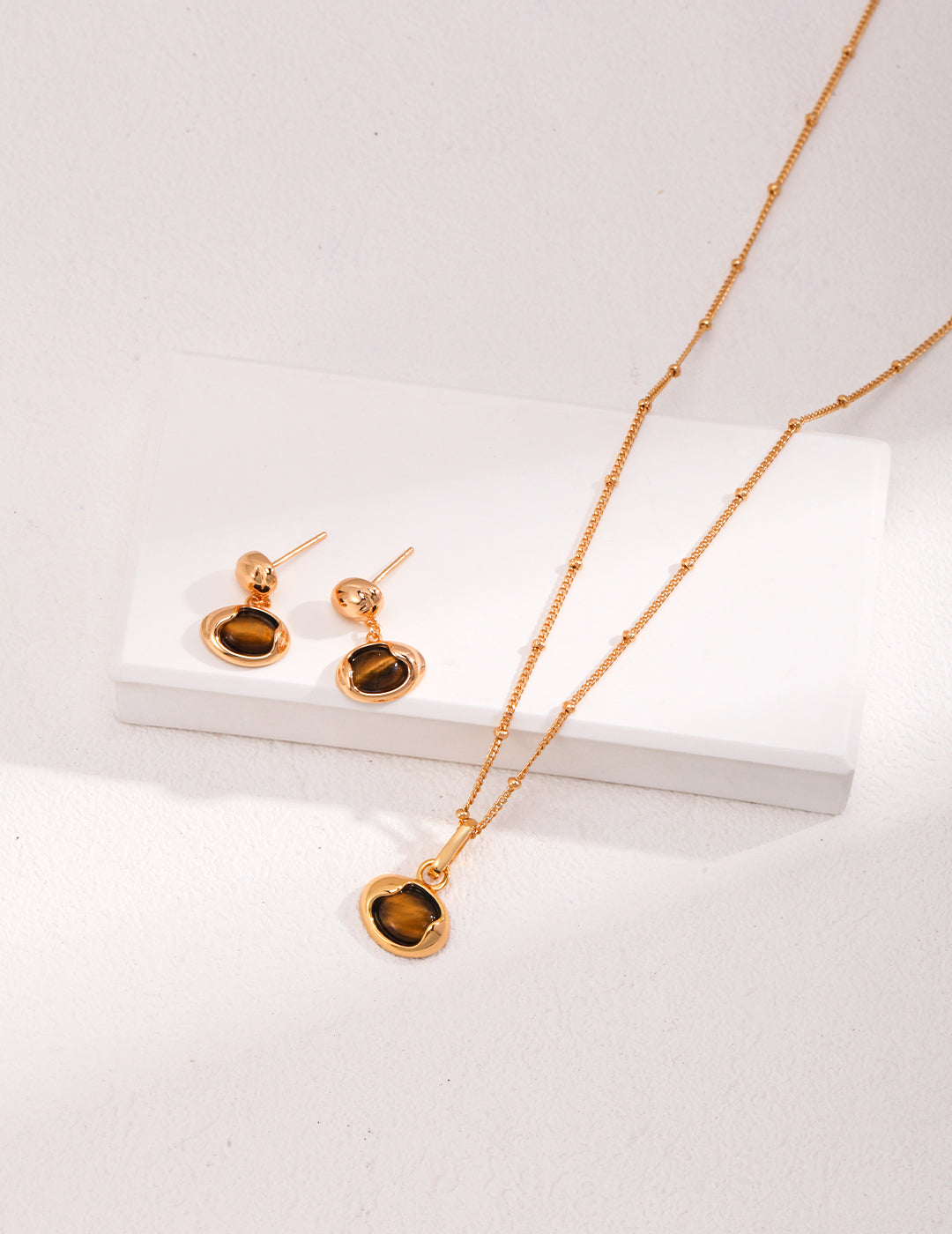 925 Sterling Silver Natural Tiger’s Eye Earrings - Vintage Gold