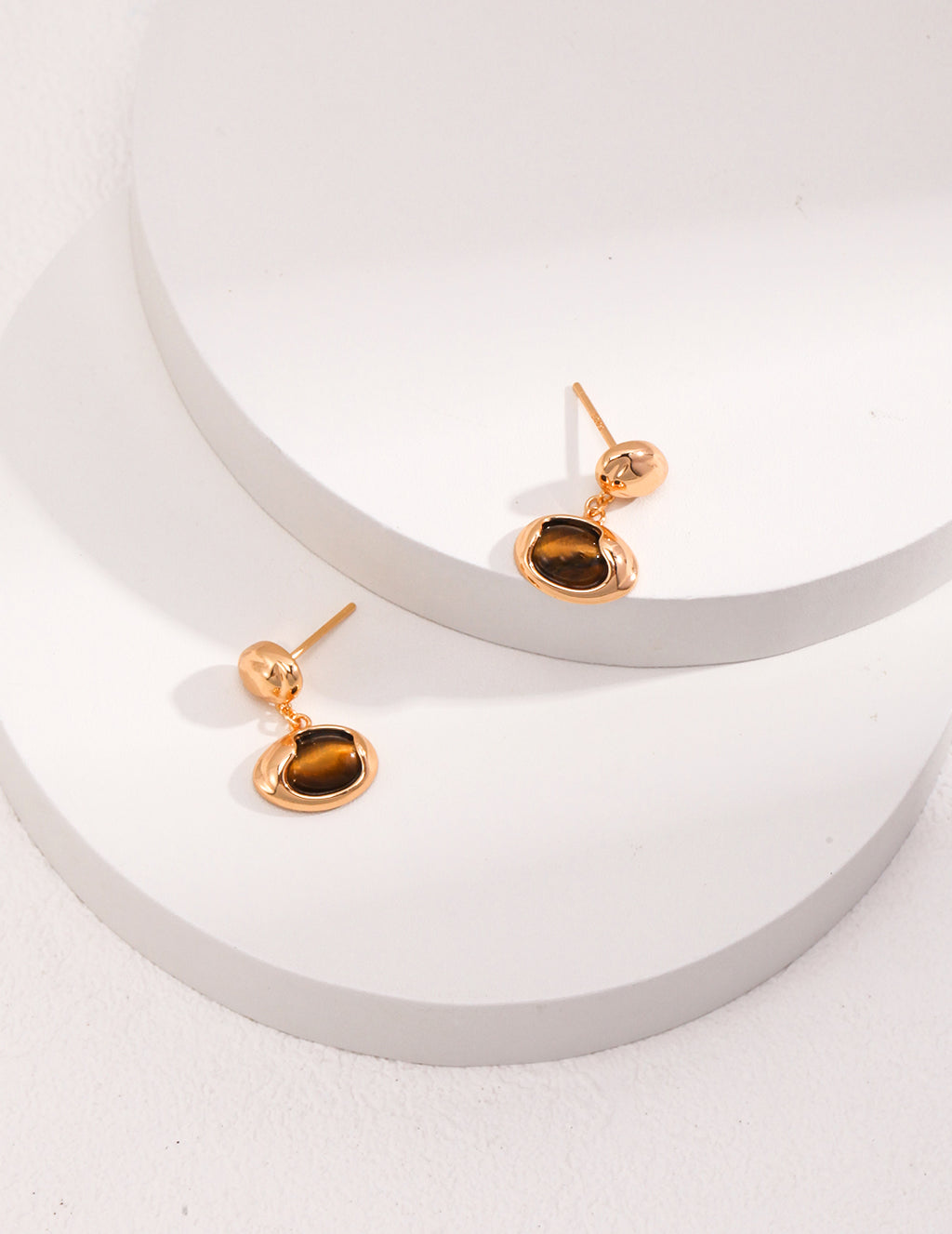 925 Sterling Silver Natural Tiger’s Eye Earrings - Vintage Gold