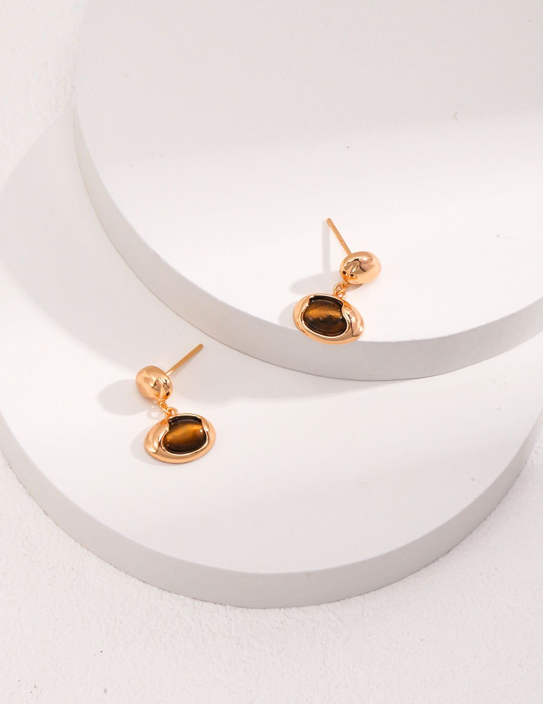 925 Sterling Silver Natural Tiger’s Eye Earrings - Vintage Gold
