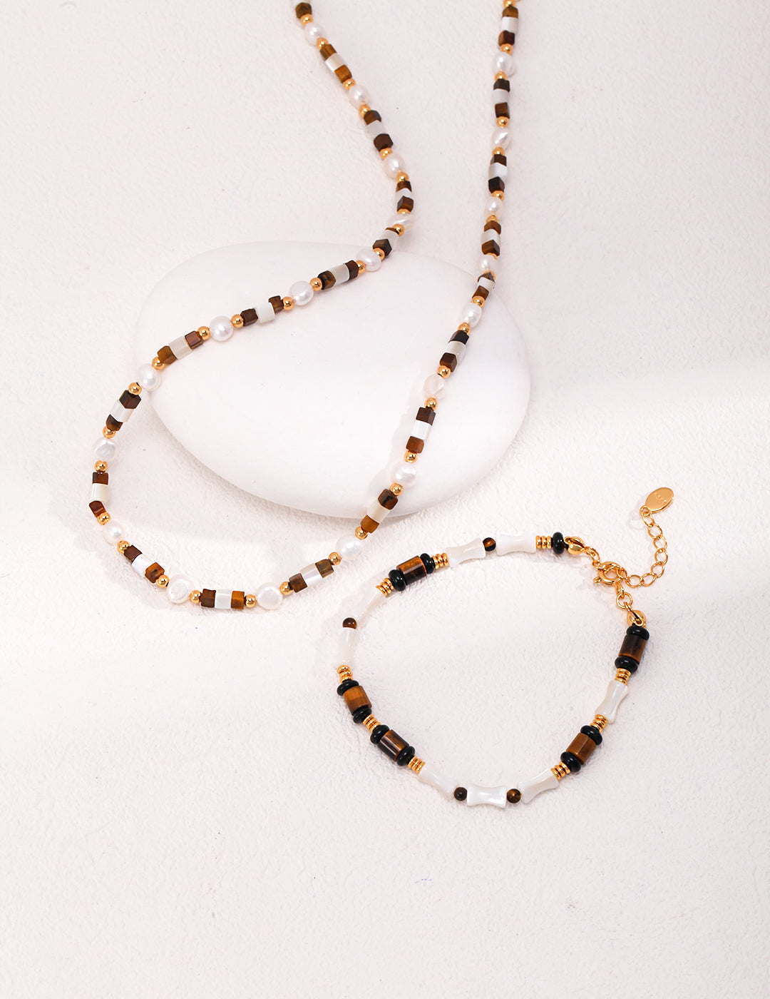 925 Sterling Silver Pearl, Mother of Pearl and Tiger’s Eye Necklace