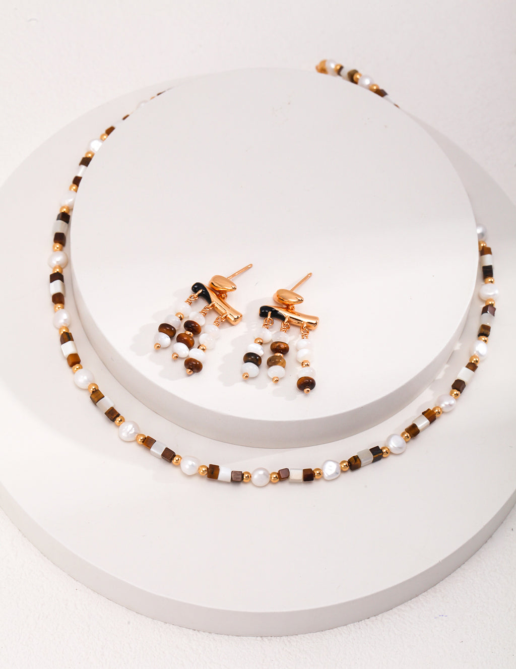 925 Sterling Silver Pearl, Mother of Pearl and Tiger’s Eye Necklace