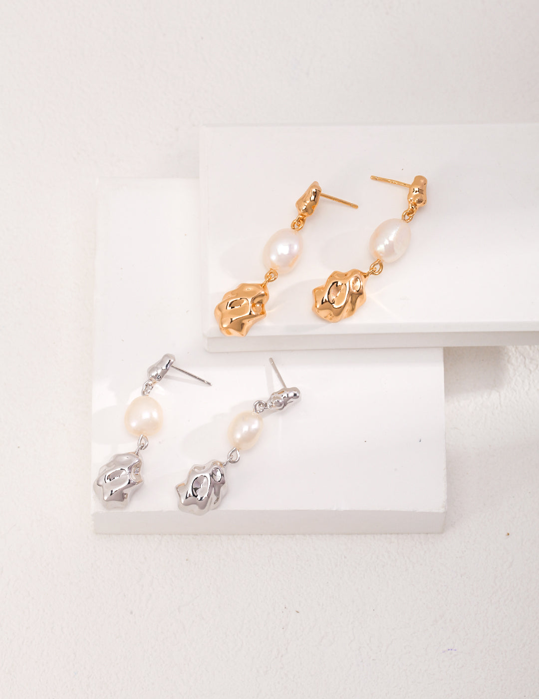 925 Sterling Silver Natural Pearl Earrings - Vintage Gold