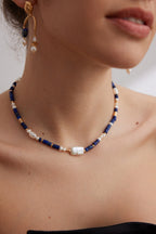 925 Sterling Silver Natural Pearl and Lapis Lazuli Necklace - Silver