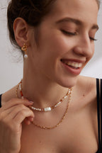 925 Sterling Silver 草莓晶碎石 and Natural Pearl Necklace - Silver
