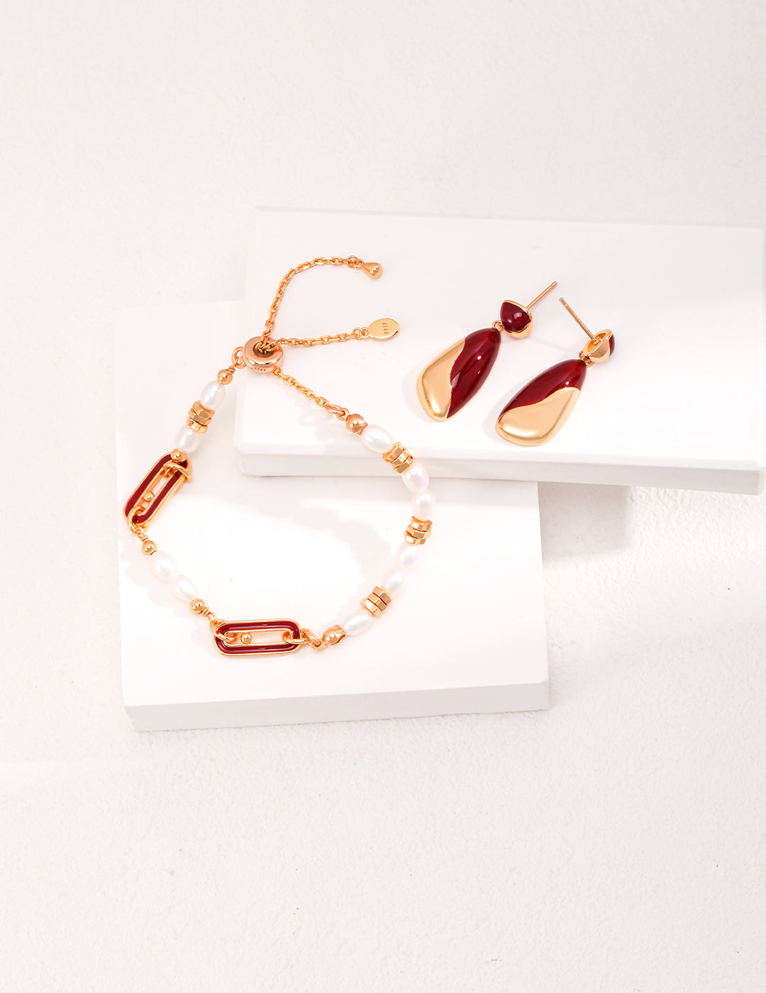 925 Sterling Silver Red Enamel Teardrop Earrings, styled view