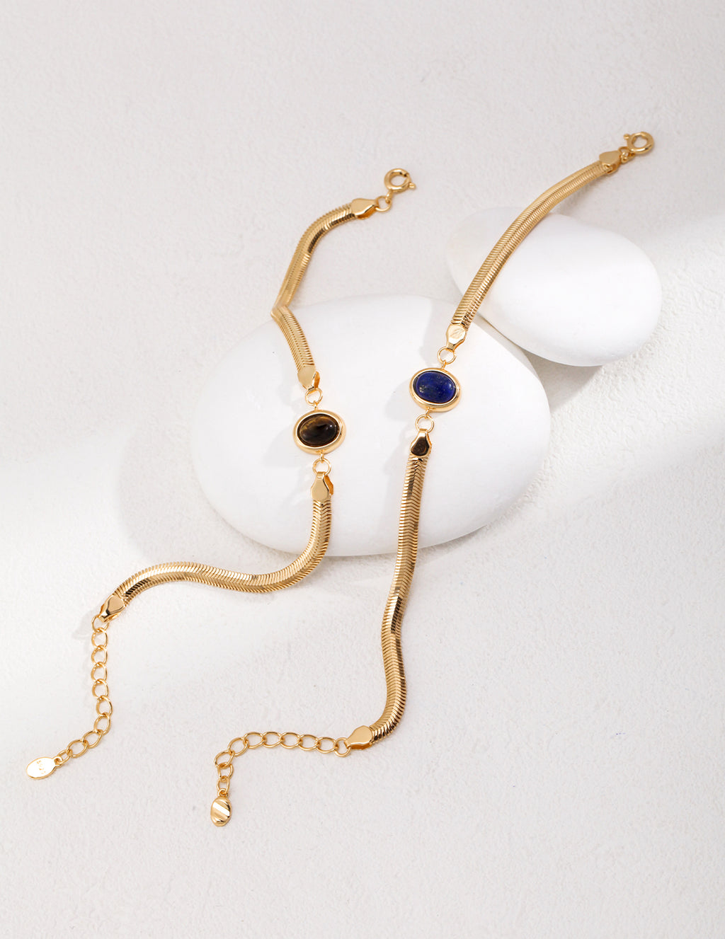 925 Sterling Silver Tiger’s Eye and Lapis Lazuli Bracelet - Vintage Gold
