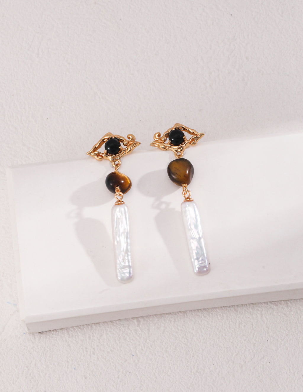 925 Sterling Silver Tiger’s Eye, Natural Pearl and Black Agate Earrings - Silver
