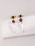 925 Sterling Silver Tiger’s Eye, Natural Pearl and Black Agate Earrings - Silver