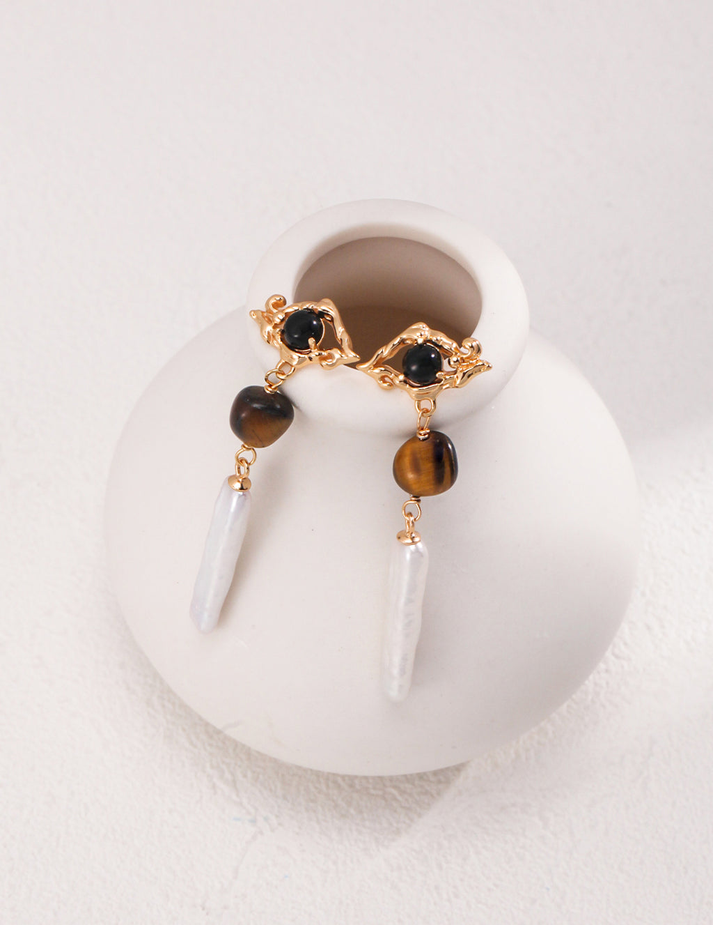 925 Sterling Silver Tiger’s Eye, Natural Pearl and Black Agate Earrings - Silver