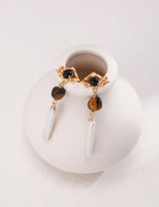 925 Sterling Silver Tiger’s Eye, Natural Pearl and Black Agate Earrings - Silver