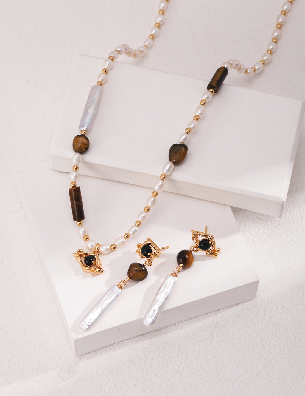 925 Sterling Silver Tiger’s Eye, Natural Pearl and Black Agate Earrings - Silver