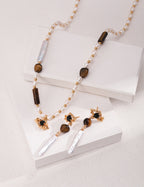925 Sterling Silver Tiger’s Eye, Natural Pearl and Black Agate Earrings - Silver