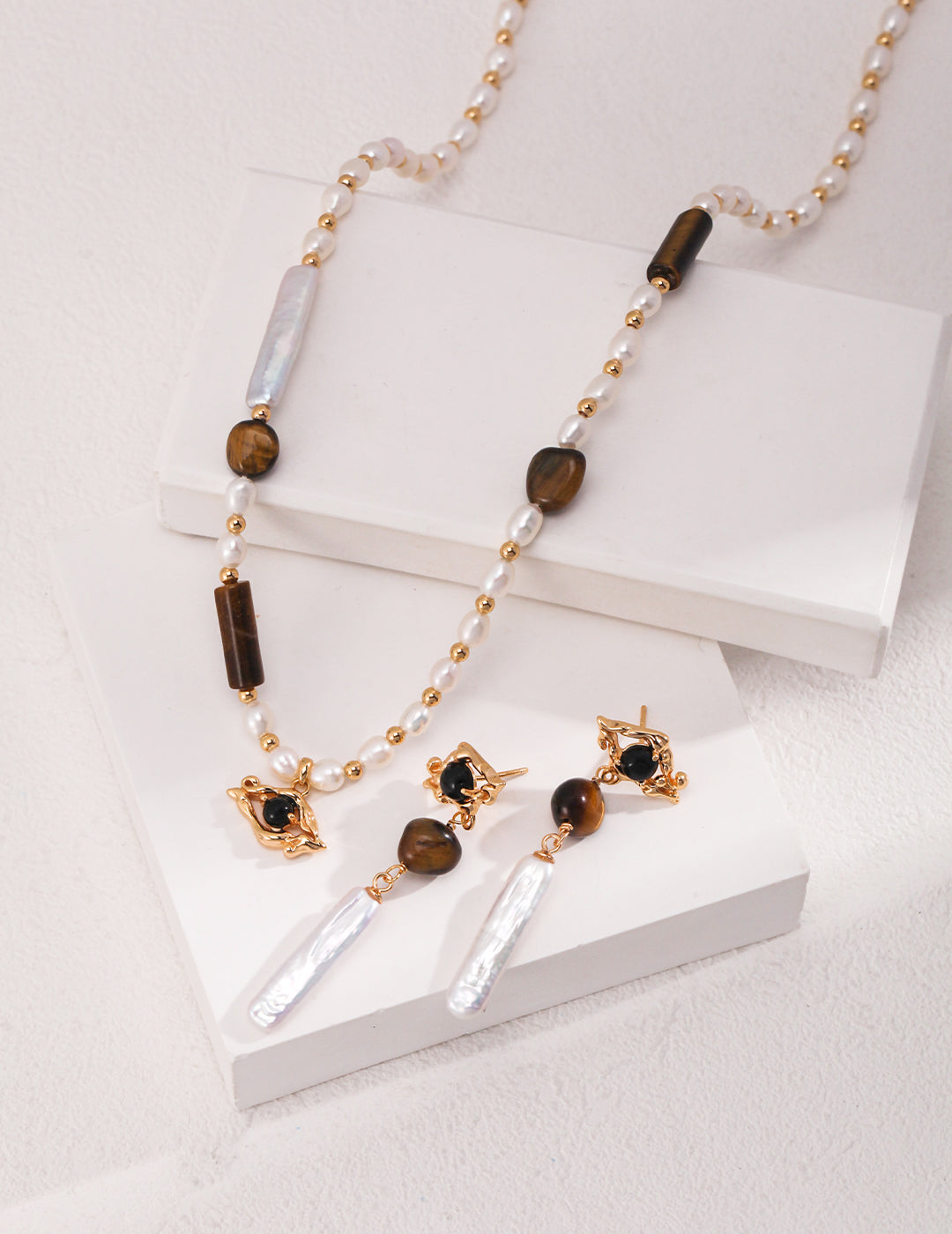 925 Sterling Silver Tiger’s Eye, Natural Pearl and Black Agate Earrings - Silver