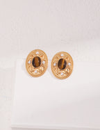 925 Sterling Silver Tiger’s Eye and Faux Pearl Earrings - Silver
