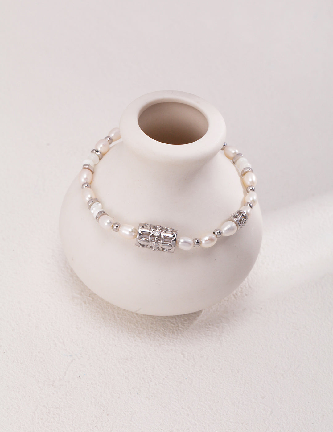 925 Sterling Silver Natural Pearl, Mother of Pearl and Black Agate Bracelet, product view 6