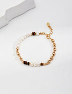 925 Sterling Silver Natural Pearl and Tiger’s Eye Bracelet - Silver