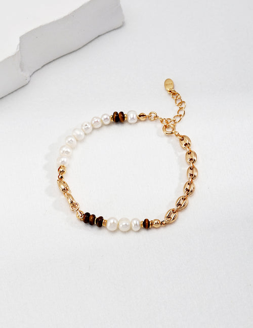 925 Sterling Silver Natural Pearl and Tiger’s Eye Bracelet - Silver