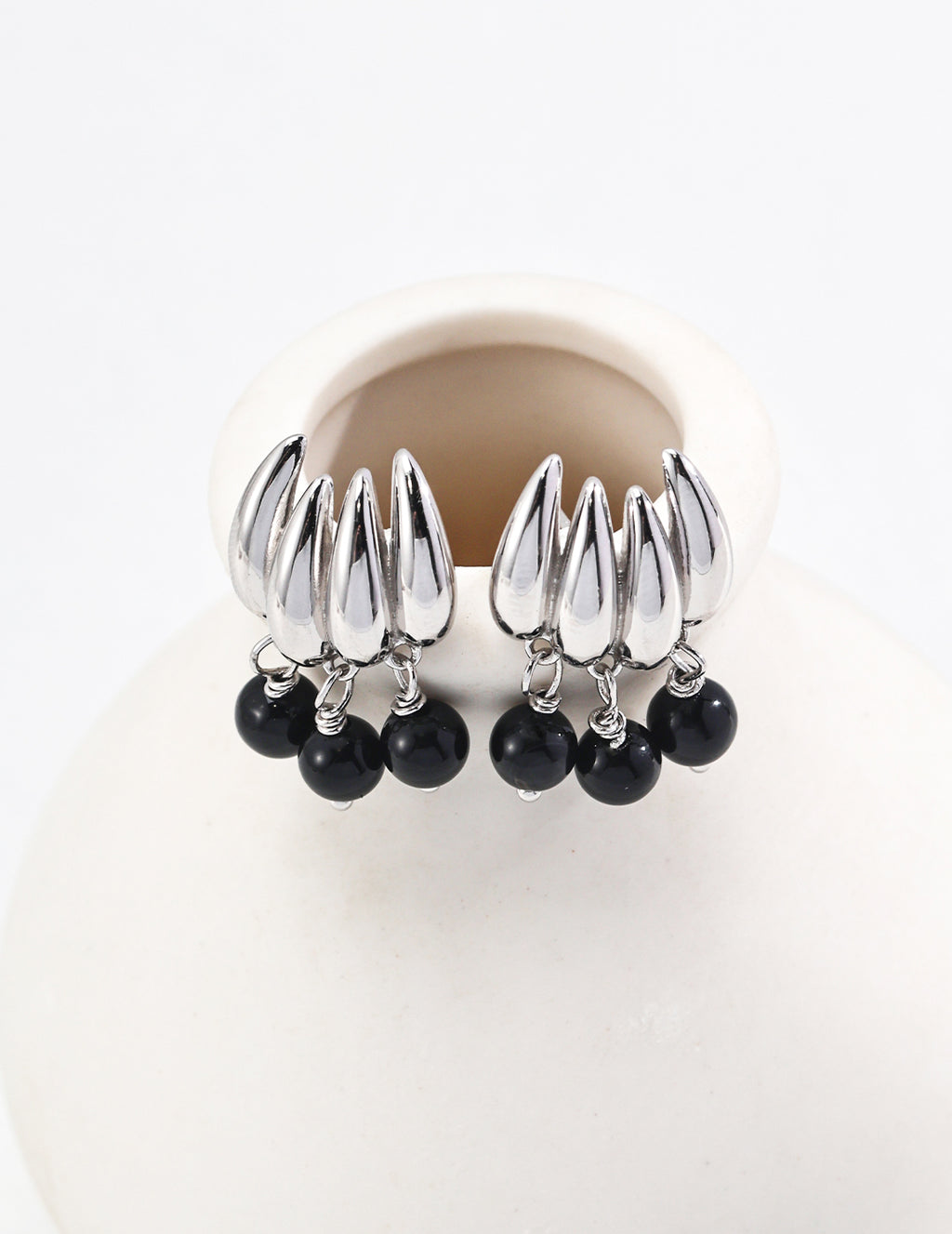 925 Sterling Silver Black Agate Earrings - Silver