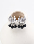 925 Sterling Silver Black Agate Earrings - Silver