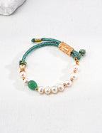 925 Sterling Silver Pearl, 随形碧玉 and 秋香绿绳 Bracelet, front view