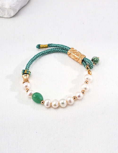 925 Sterling Silver Pearl, 随形碧玉 and 秋香绿绳 Bracelet, front view