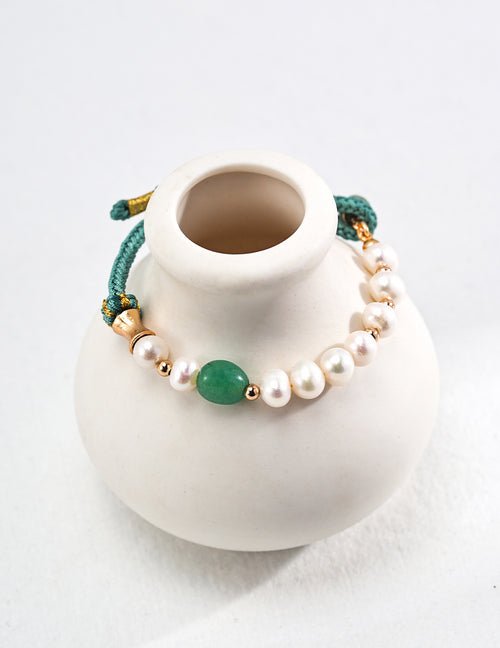925 Sterling Silver Pearl, 随形碧玉 and 秋香绿绳 Bracelet, side view