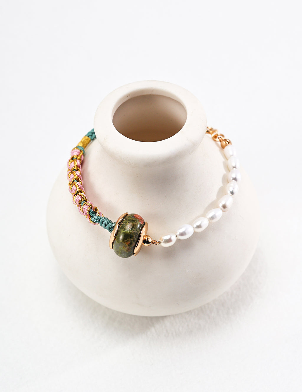 925 Sterling Silver 花绿石 and Natural Pearl Bracelet - Vintage Gold