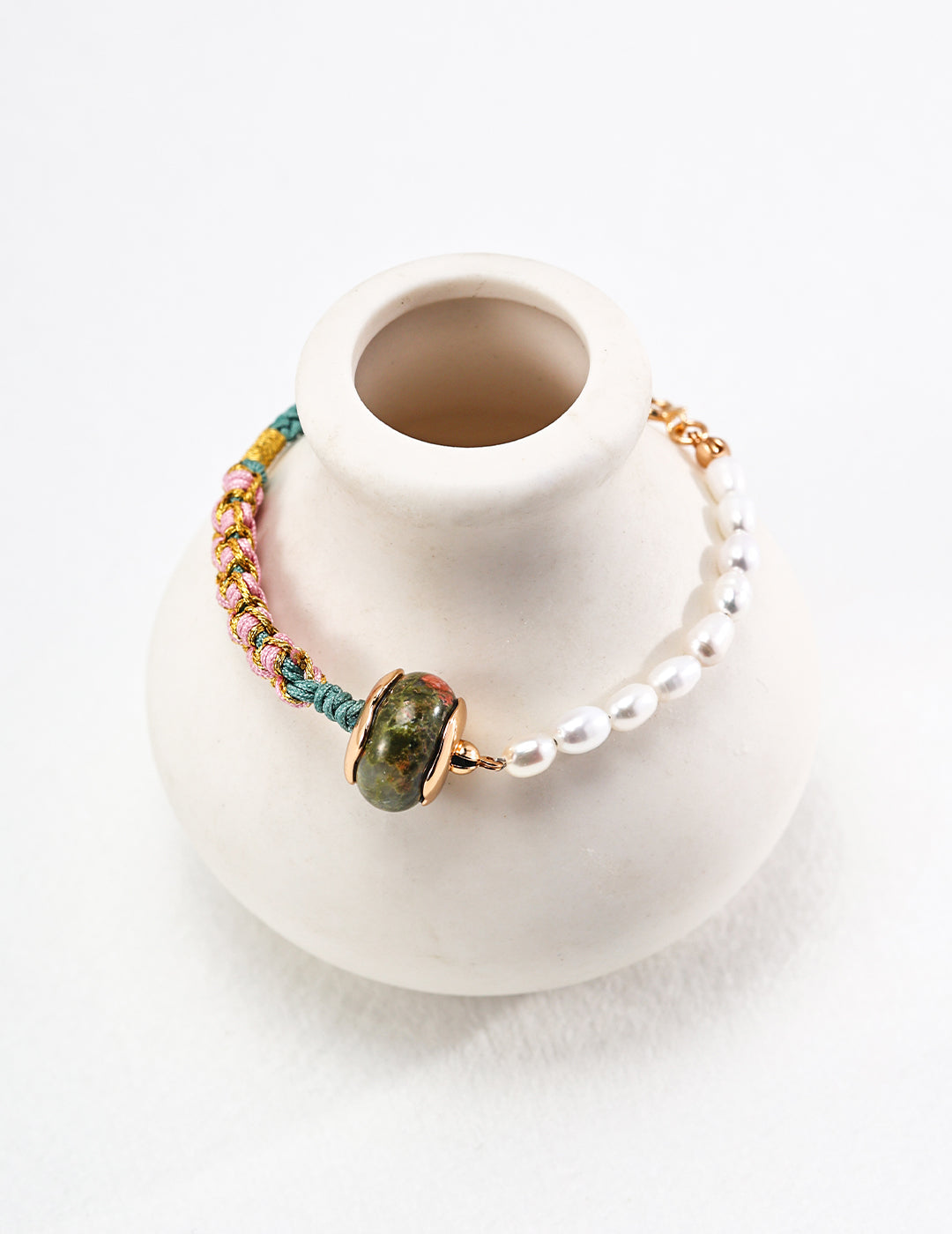 925 Sterling Silver 花绿石 and Natural Pearl Bracelet - Vintage Gold