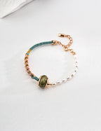 925 Sterling Silver 花绿石 and Natural Pearl Bracelet - Vintage Gold