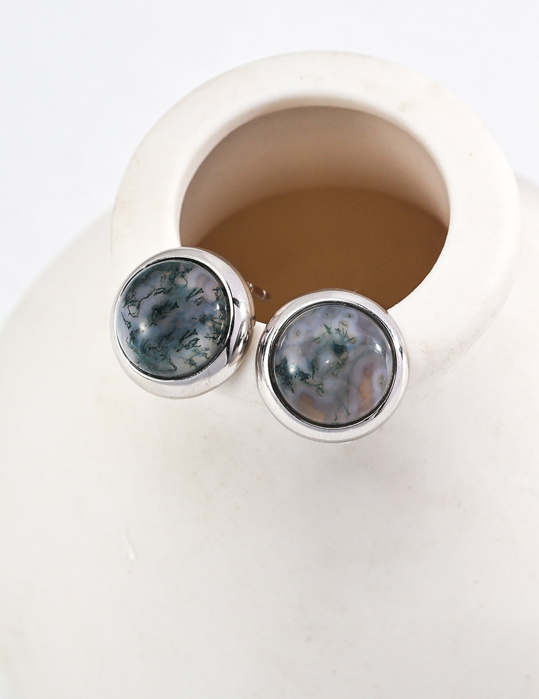 925 Sterling Silver Moss Agate Earrings - Silver