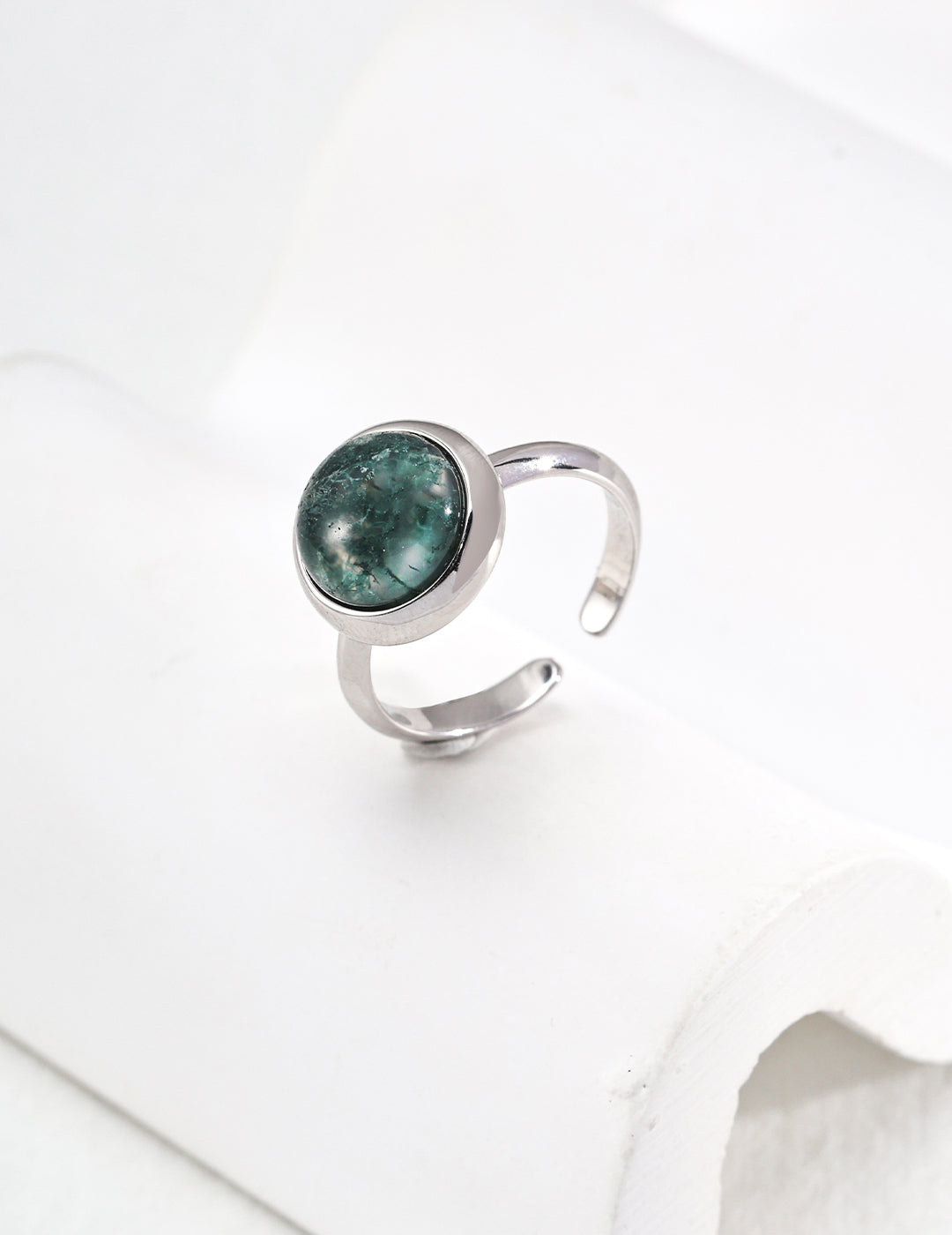 925 Sterling Silver Moss Agate Ring - Silver