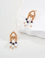 925 Sterling Silver Lapis Lazuli and Natural Pearl Earrings - Silver