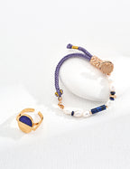 925 Sterling Silver Lapis Lazuli, Natural Pearl and Cord Bracelet - Silver