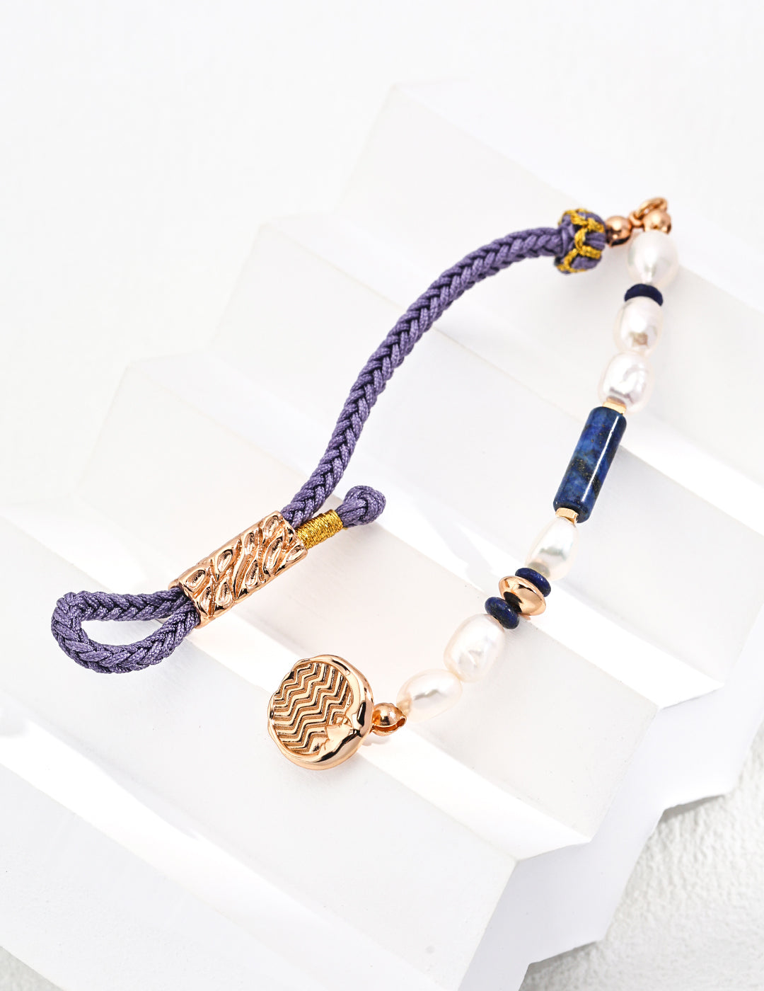 925 Sterling Silver Lapis Lazuli, Natural Pearl and Cord Bracelet - Silver