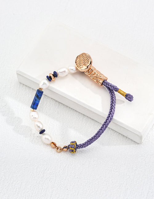 925 Sterling Silver Lapis Lazuli, Natural Pearl and Cord Bracelet - Silver