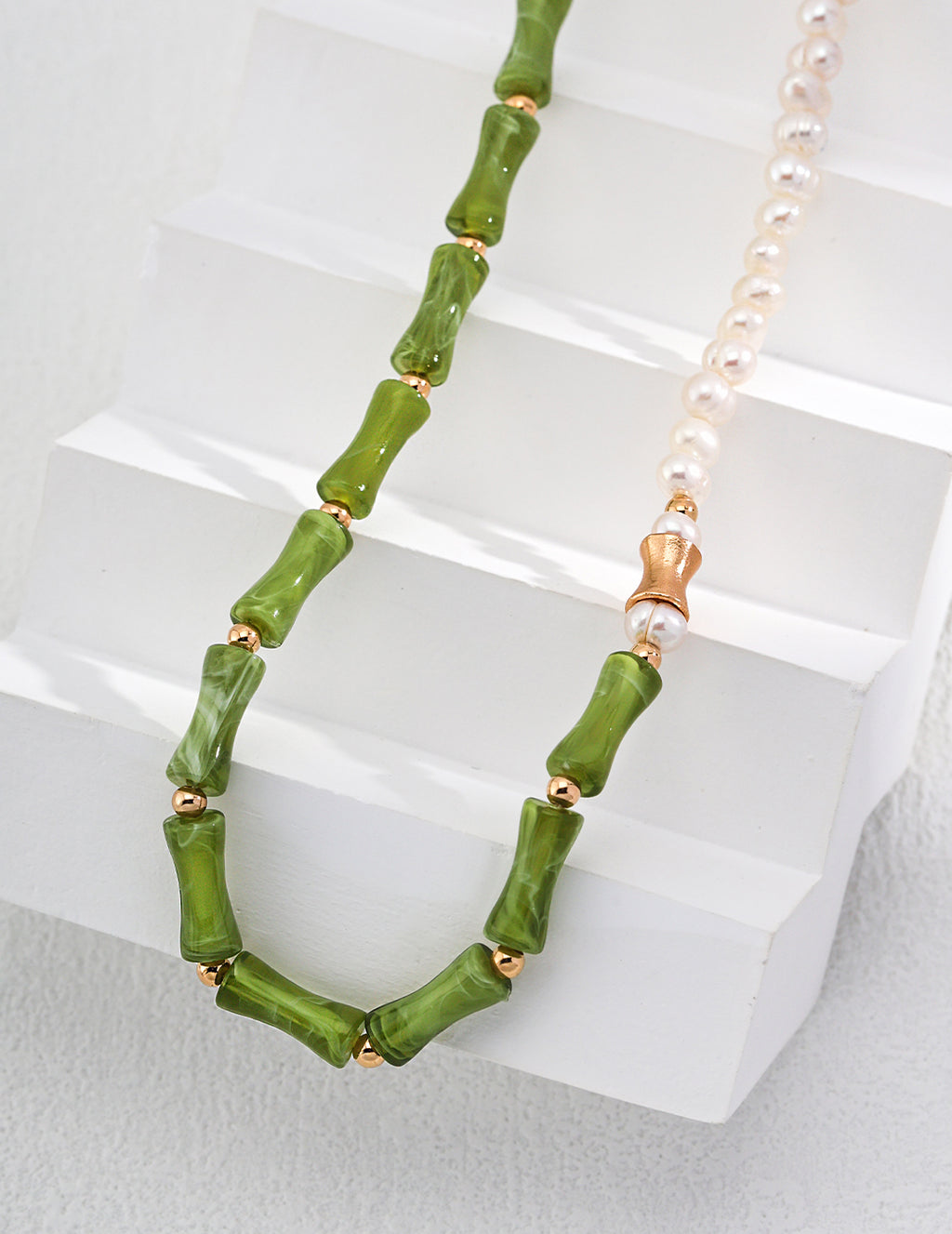925 Sterling Silver Resin Stone and Natural Pearl Necklace - Silver
