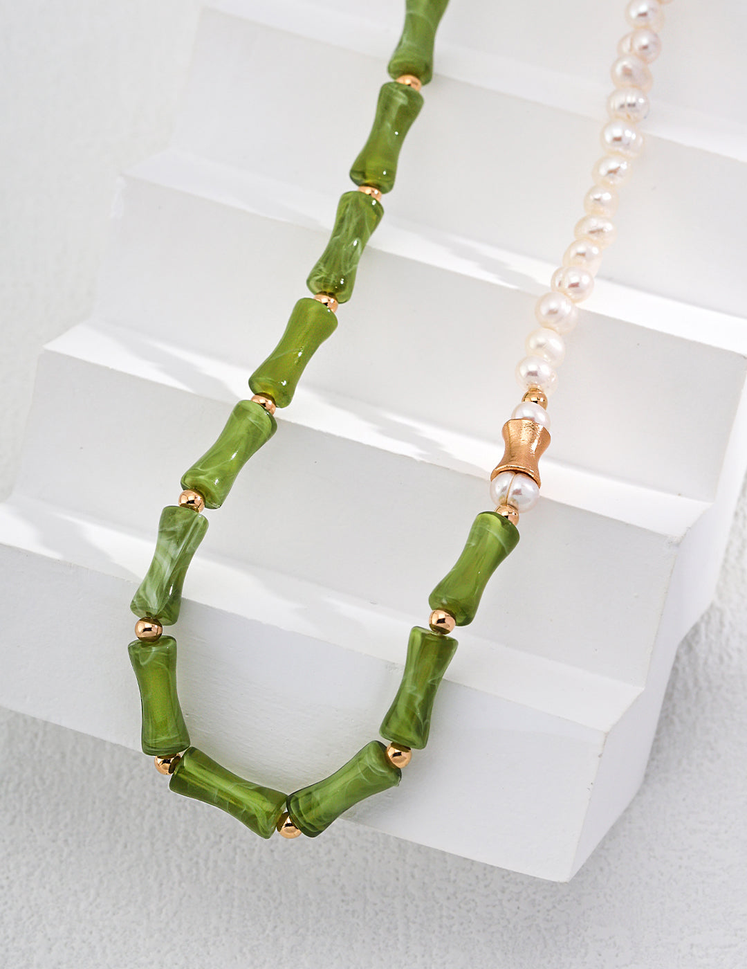 925 Sterling Silver Resin Stone and Natural Pearl Necklace - Silver