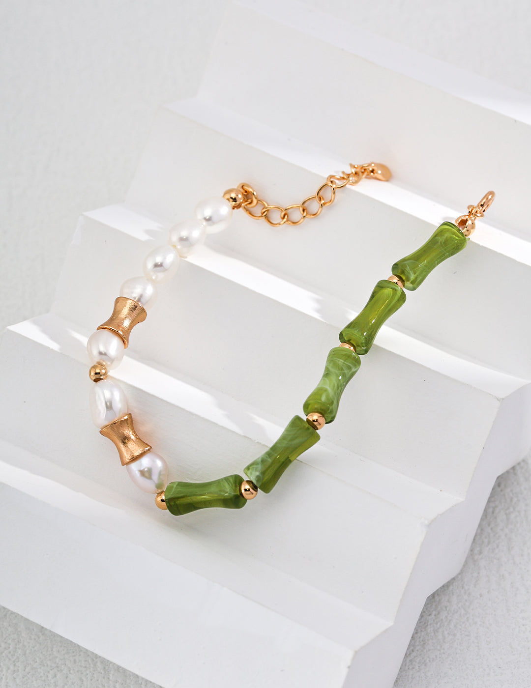 925 Sterling Silver Resin Stone and Natural Pearl Bracelet - Vintage Gold
