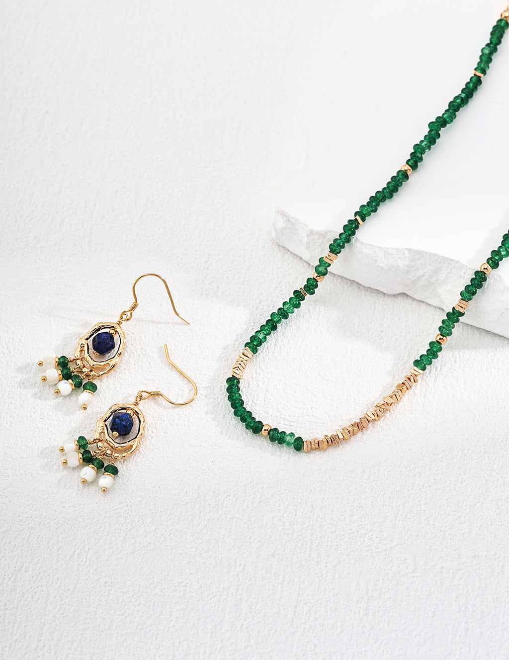 925 Sterling Silver Vintage Shell, Lapis Lazuli and Synthetic Emerald Earrings - Silver