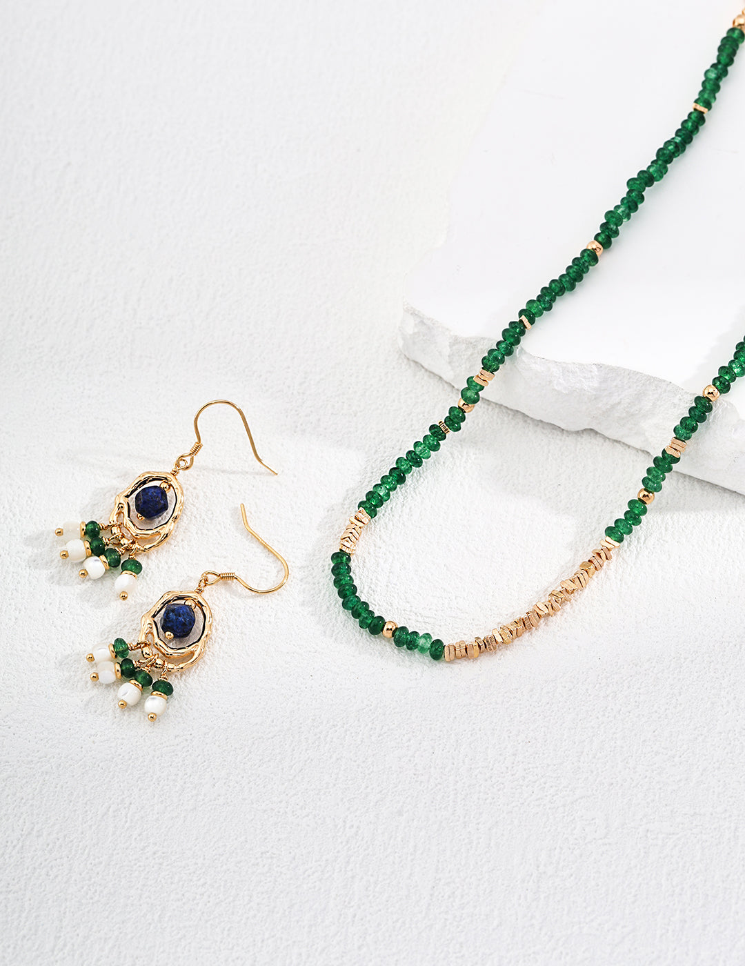 925 Sterling Silver Vintage Shell, Lapis Lazuli and Synthetic Emerald Earrings - Silver