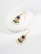 925 Sterling Silver Vintage Shell, Lapis Lazuli and Synthetic Emerald Earrings - Silver