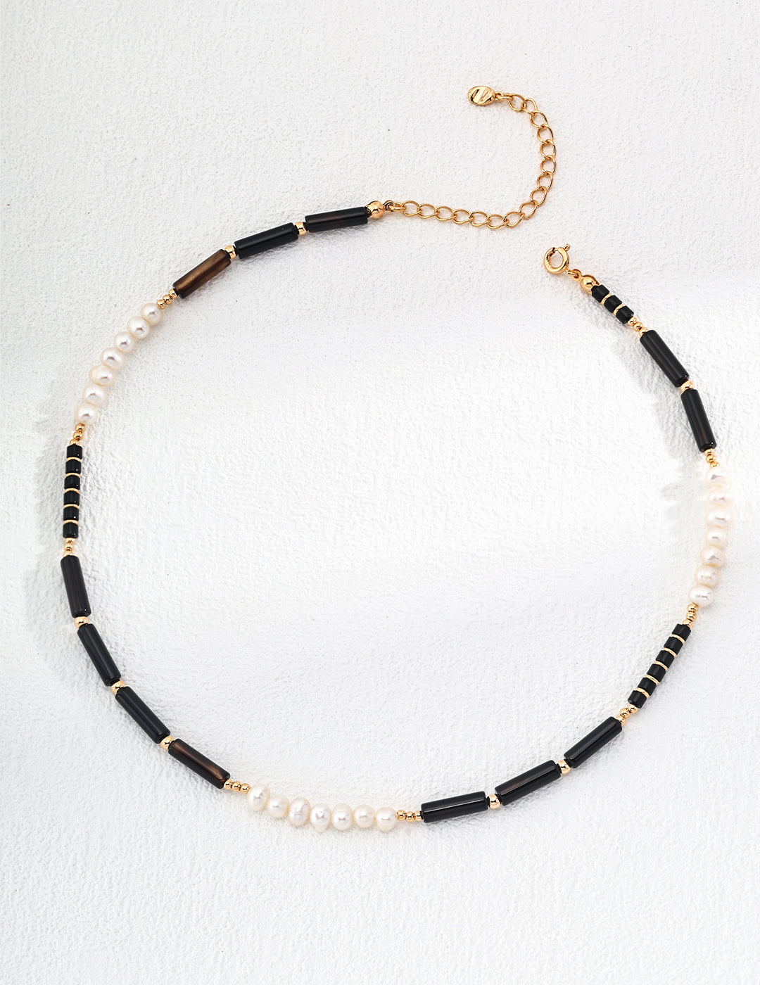 925 Sterling Silver Black Agate and Natural Pearl Necklace - Vintage Gold