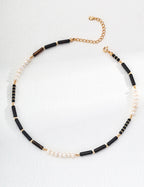 925 Sterling Silver Black Agate and Natural Pearl Necklace - Vintage Gold
