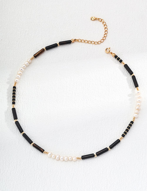 925 Sterling Silver Black Agate and Natural Pearl Necklace - Vintage Gold