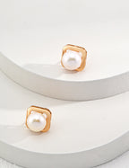 925 Sterling Silver Geometric Natural Pearl Earrings - Vintage Gold