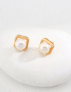 925 Sterling Silver Geometric Natural Pearl Earrings - Vintage Gold