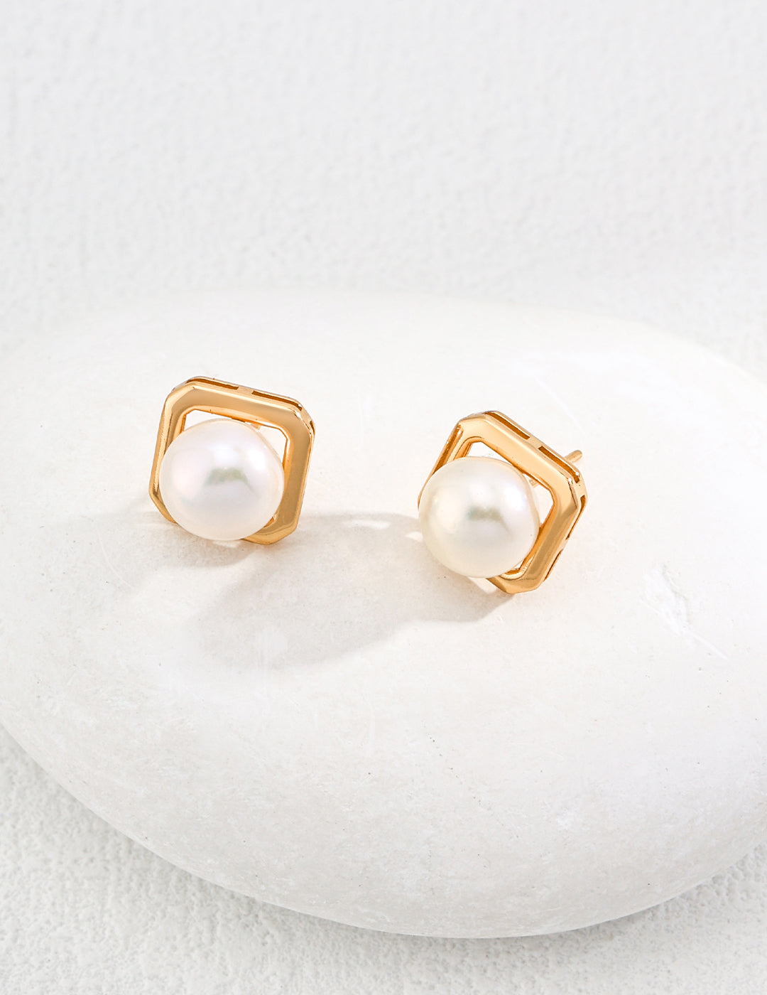 925 Sterling Silver Geometric Natural Pearl Earrings - Vintage Gold