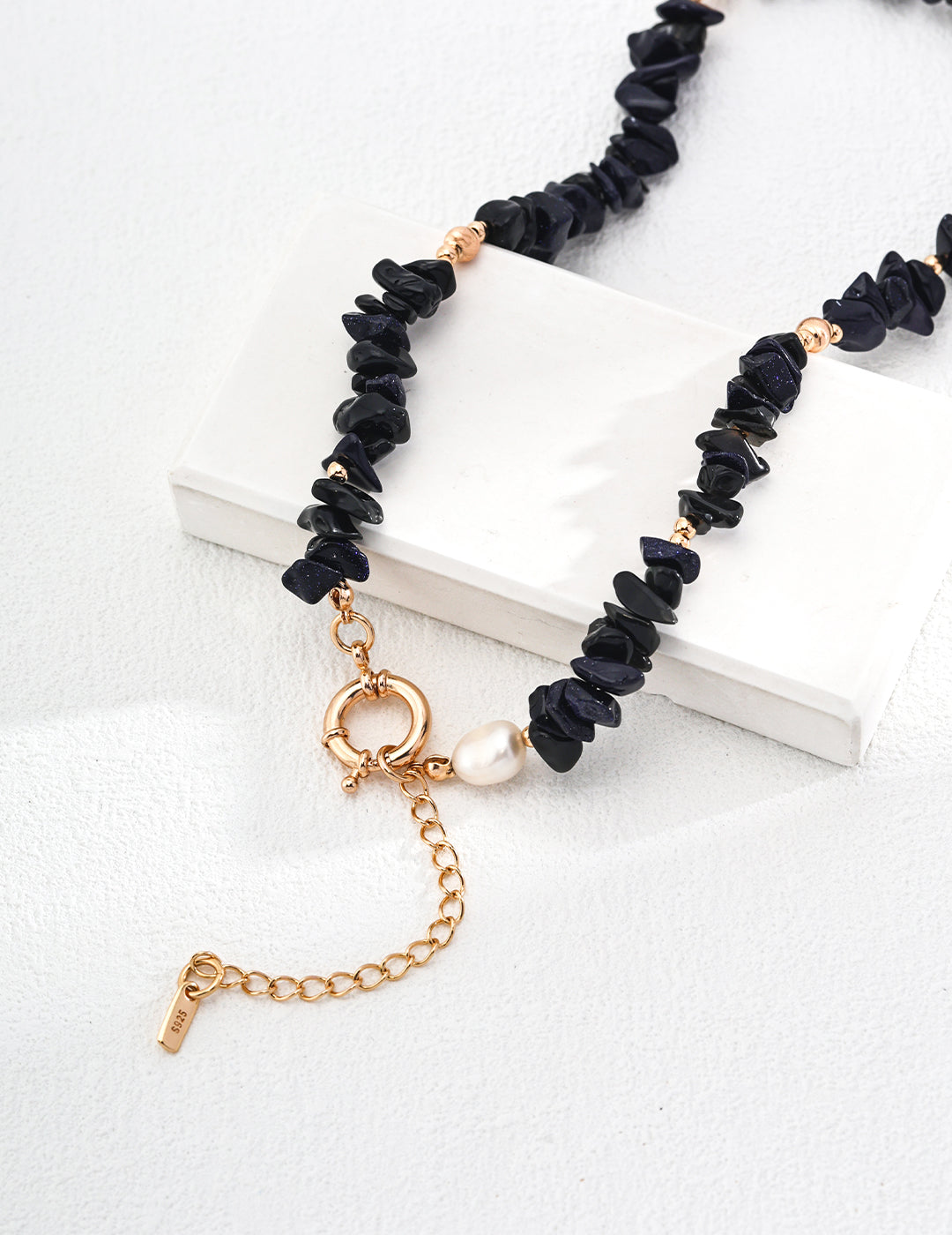 925 Sterling Silver Blue Sandstone and Natural Pearl Necklace - Vintage Gold