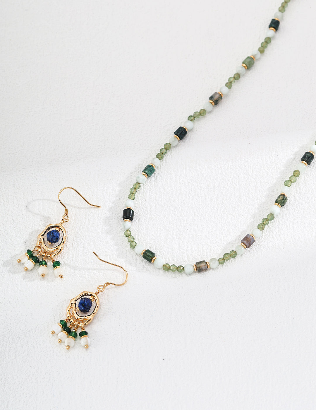 925 Sterling Silver 印度玛瑙, 绿色海纹石 and 切面绿磷辉 Necklace - Silver