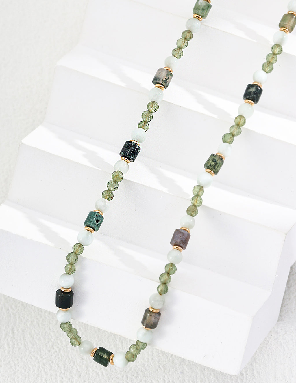 925 Sterling Silver 印度玛瑙, 绿色海纹石 and 切面绿磷辉 Necklace - Silver